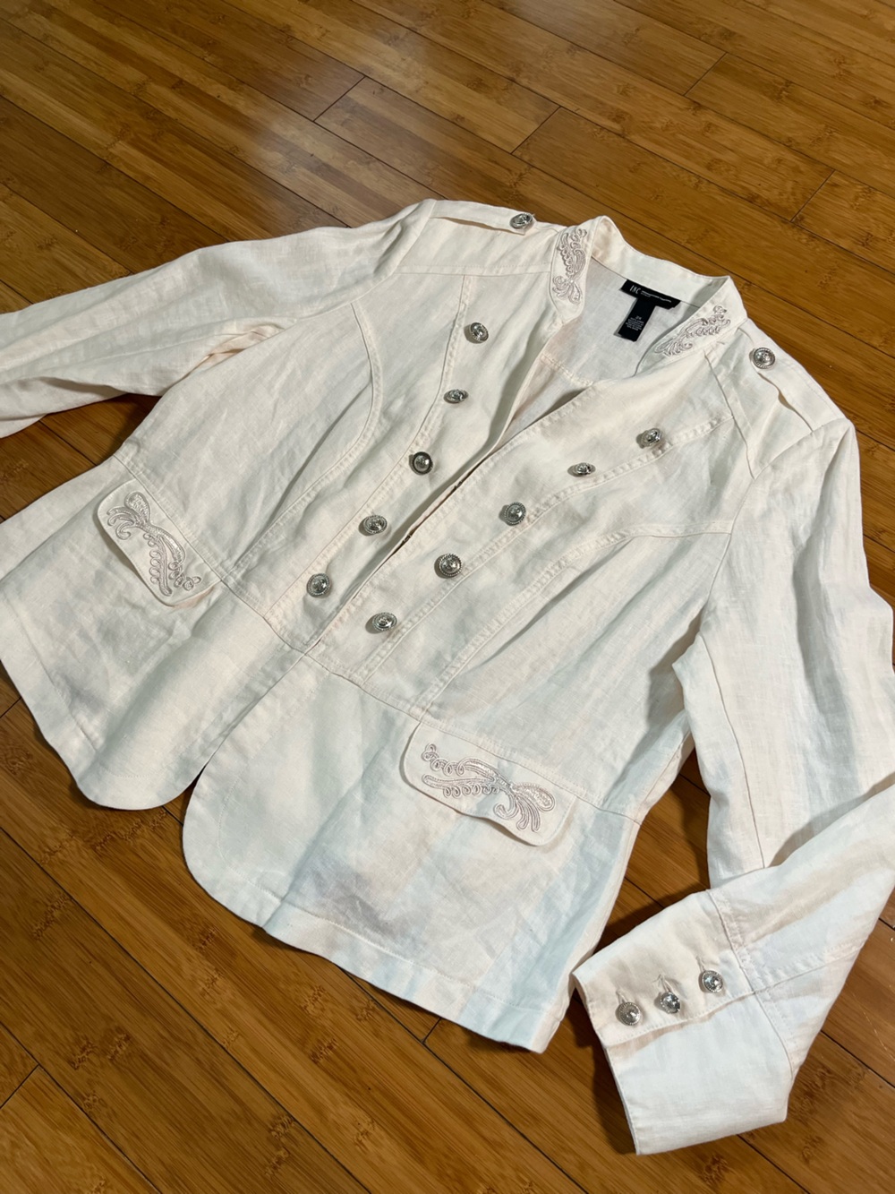 INC Western 100% Linen Ivory Embroidered Corset Style Utility Jacket
